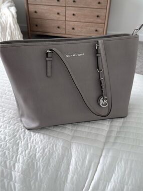 Michael Kors Taupe Gray Saffiano Leather Tote with MK Charm
